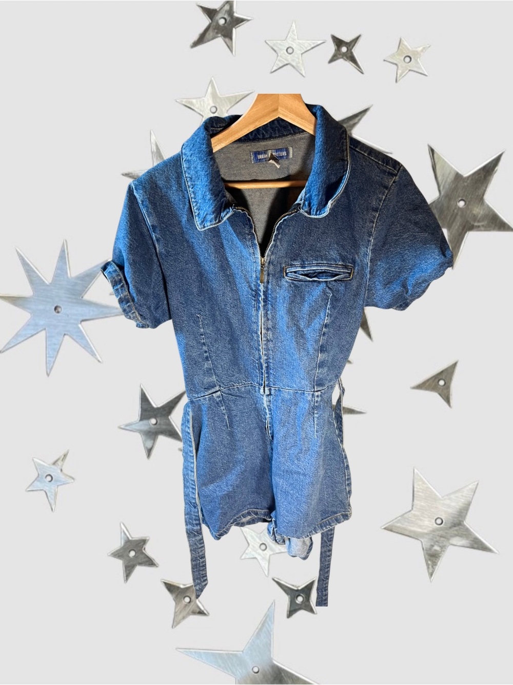 Urban Outfitters Blue Denim Short-Sleeve Romper Jumpsuit